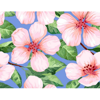 Холст с красками 17х22 по номерам Розовые вишневые цветочки (13цв.) арт. ХК-8173