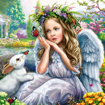 Холст с красками 20х20 по номерам Ангел и кролик (14цв) арт.ХК-4042